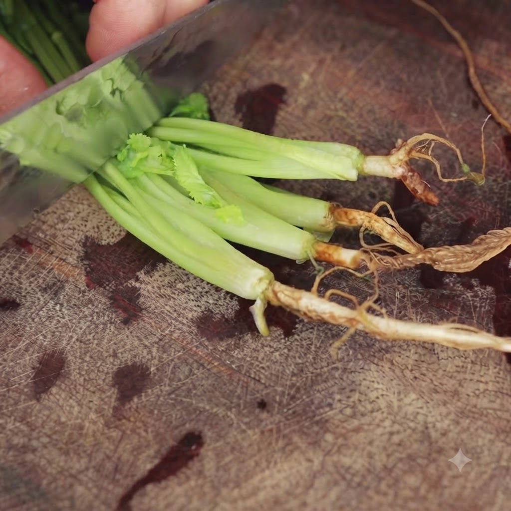 Racines de coriandre fraîches et vertes coupées en morceaux avec un couteau de chef sur une planche en bois texturée.
