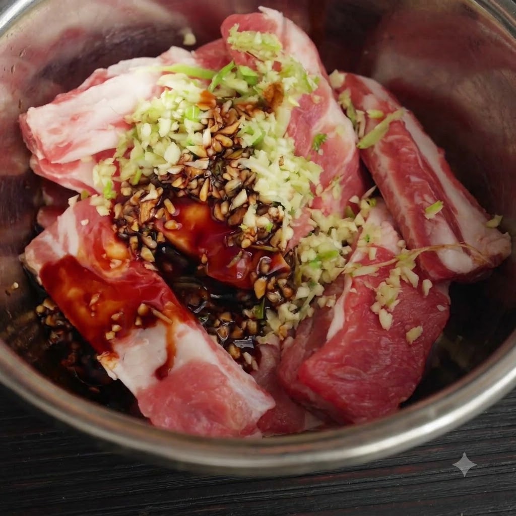 Travers de porc crus dans un bol en métal recouverts dail haché, de racines de coriandre et de sauce soja noire.