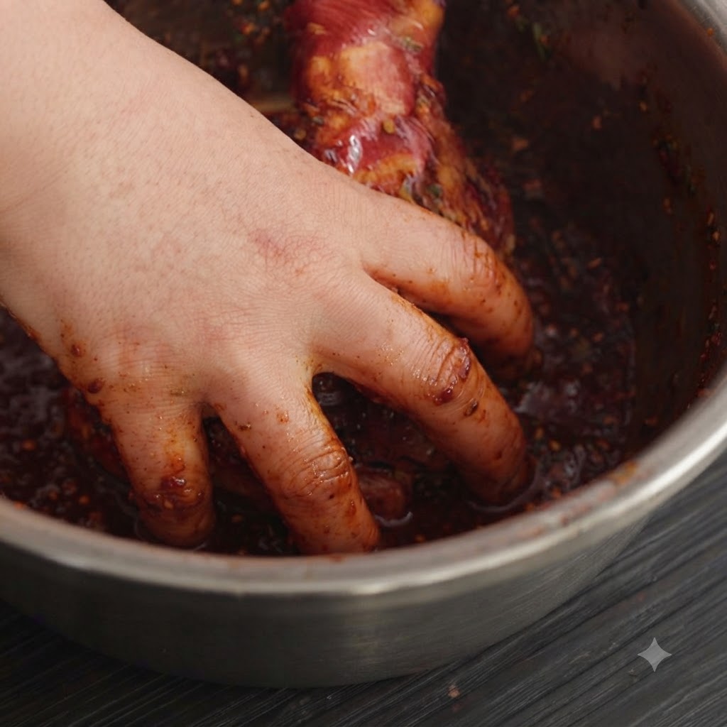 Gros plan de mains massant la marinade sur les travers de porc dans un bol en métal.