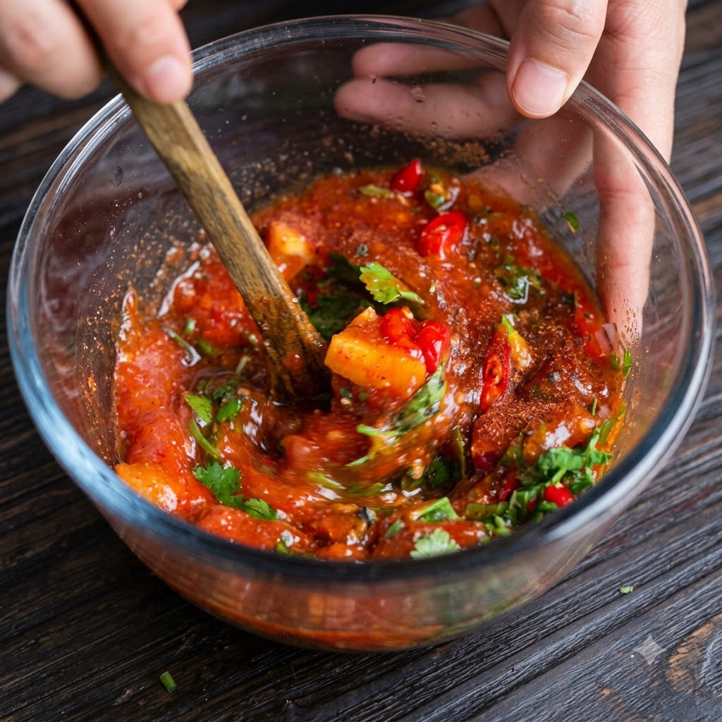 Une personne remuant une sauce thaï rouge et éclatante avec une cuillère dorée dans un bol en verre.