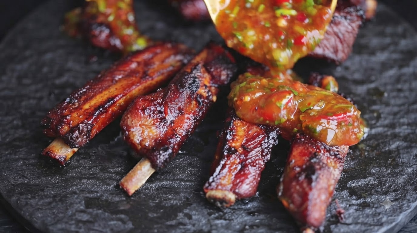 Travers de porc grillés thaïlandais et leur sauce aux herbes relevée