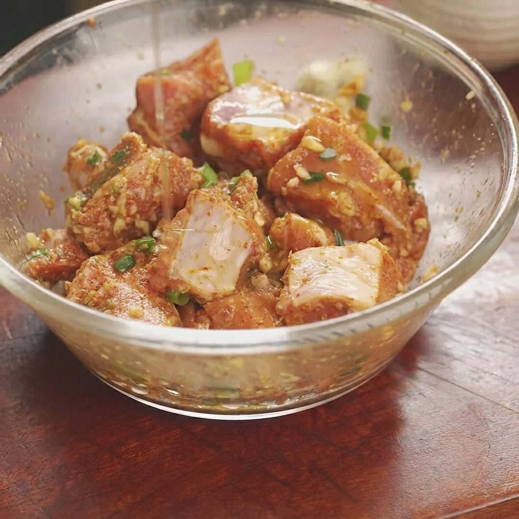 Huile de cuisson versée en filet sur des travers de porc marinés reposant à lintérieur dun bol mélangeur en verre.