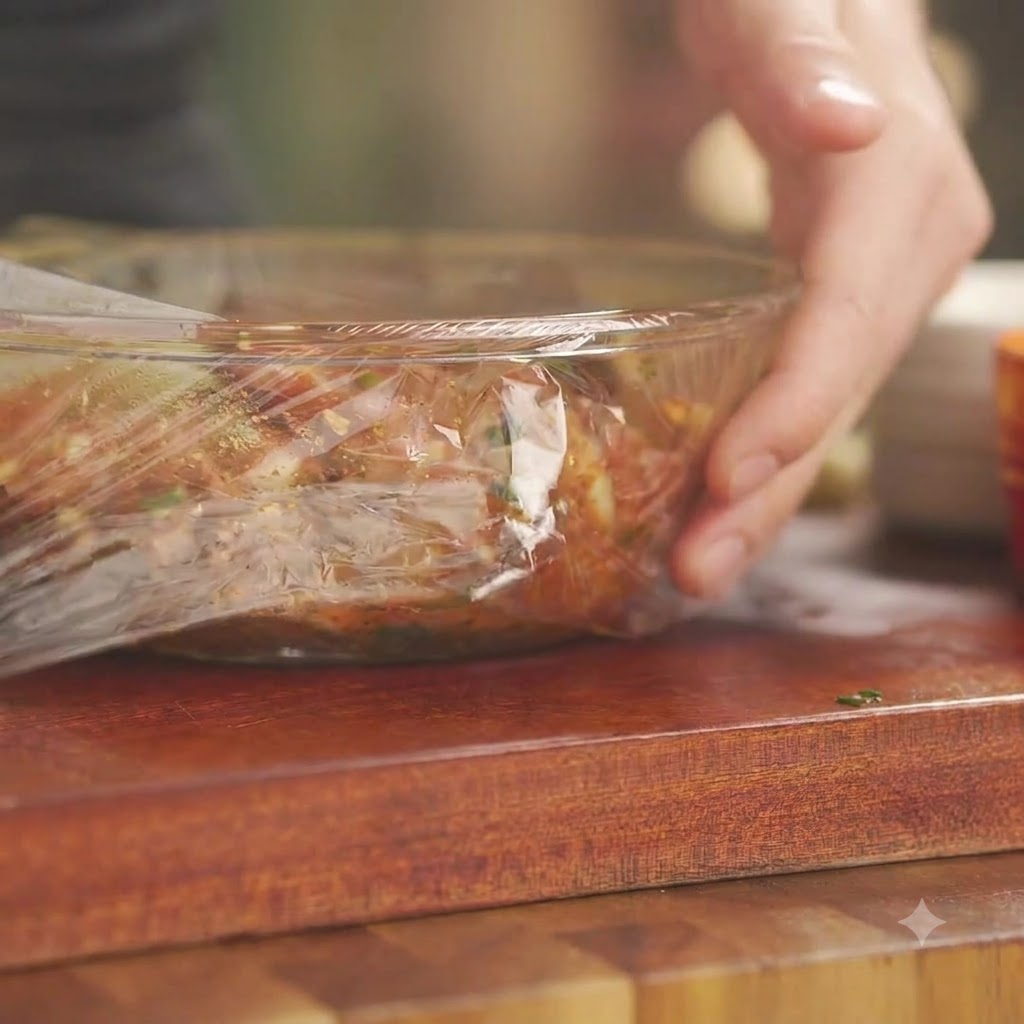 Un bol en verre rempli de travers de porc assaisonnés hermétiquement scellé avec du film étirable transparent.