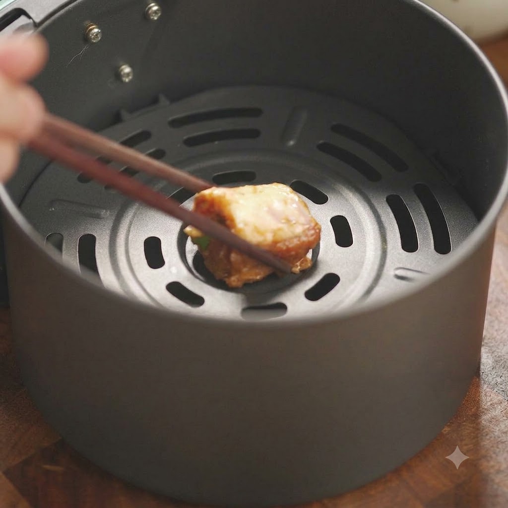 Un seul morceau de travers de porc mariné placé avec des baguettes sur la grille de cuisson vide à lintérieur dun panier de friteuse sans huile.