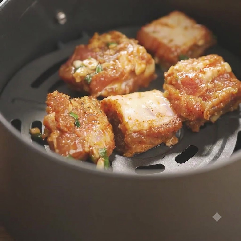 Plusieurs morceaux de travers de porc assaisonnés disposés à lintérieur dun panier de friteuse sans huile prêts à être vaporisés dhuile.