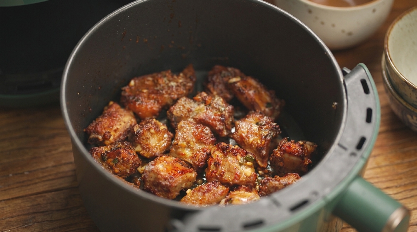 Travers de porc dorés et croustillants au sel, poivre et ail tout droit sortis du panier de la friteuse sans huile, garnis dail haché et dherbes.