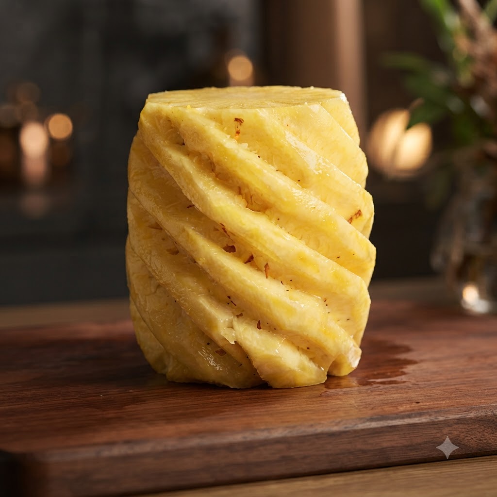 Un ananas pelé debout sur une planche à découper en bois, sur le point dêtre tranché.