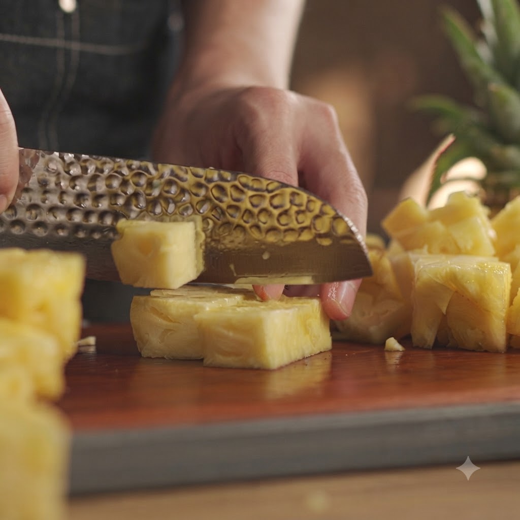 Morceaux dananas en train dêtre coupés sur une planche en bois avec un couteau de chef.