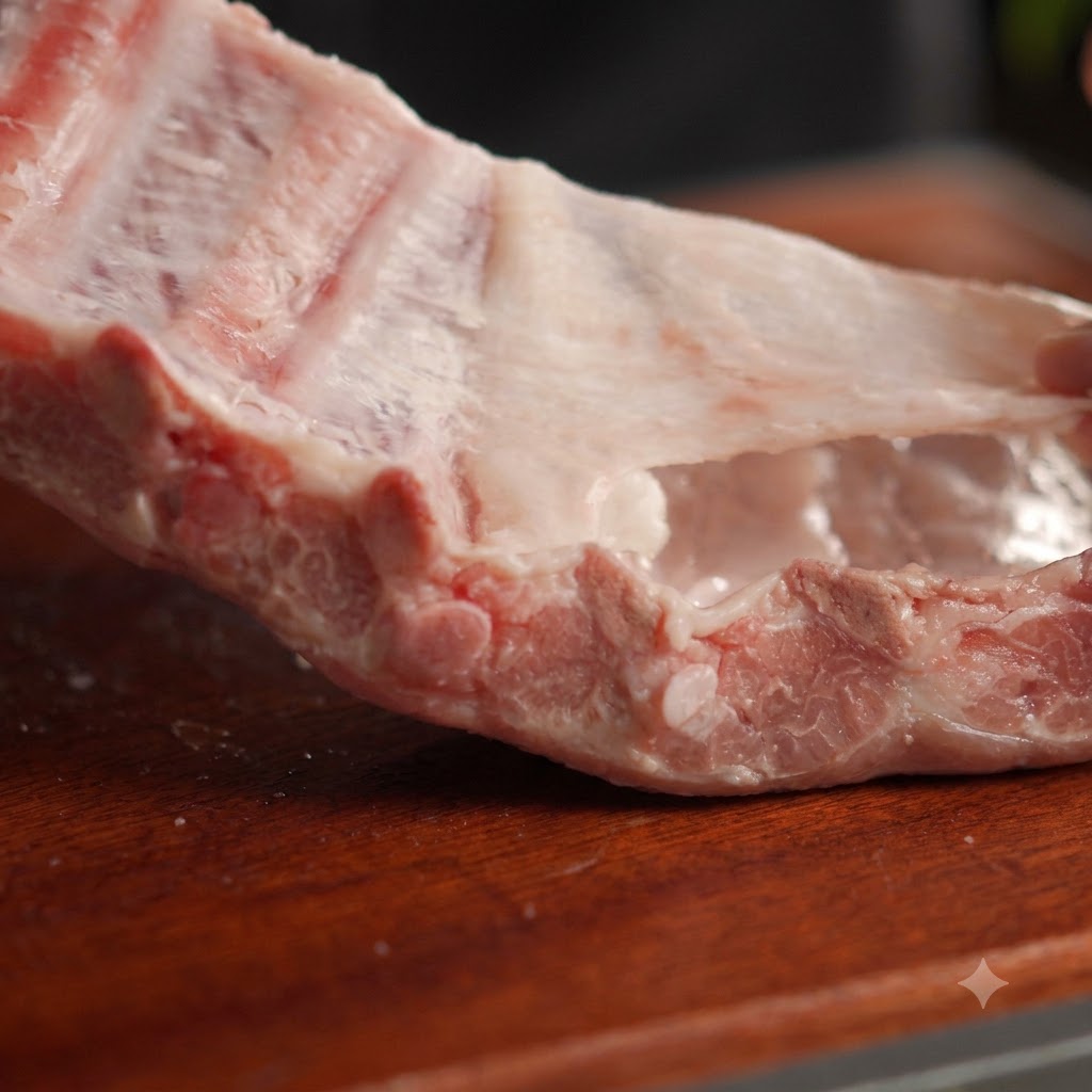 Gros plan dune main retirant la membrane translucide à larrière des travers de porc crus.