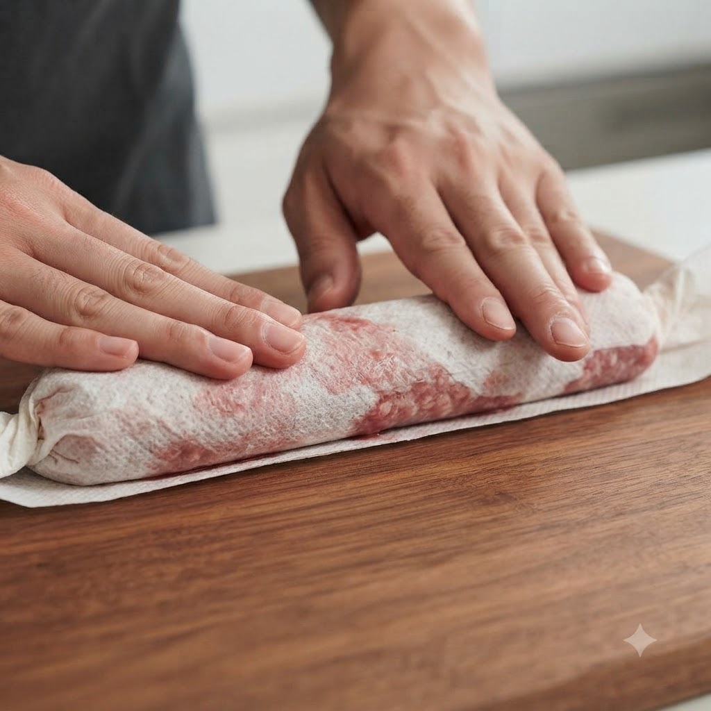 Mains pressant des essuie-tout sur un rack de travers de porc crus sur une planche en bois.