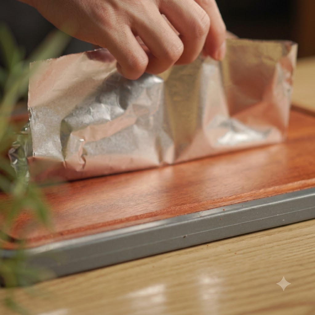 Travers de porc et ananas complètement enfermés et étroitement enveloppés dans du papier aluminium.