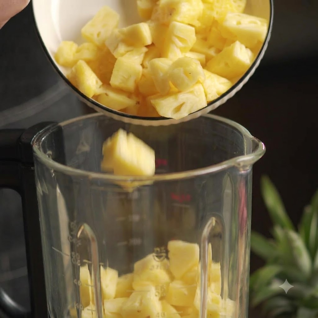 Morceaux dananas frais en dés versés dun bol blanc dans un blender en verre.