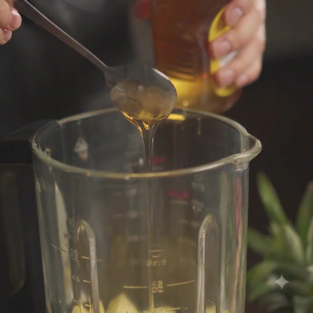 Une cuillère de miel ajoutée dans un bol de blender rempli dananas haché.