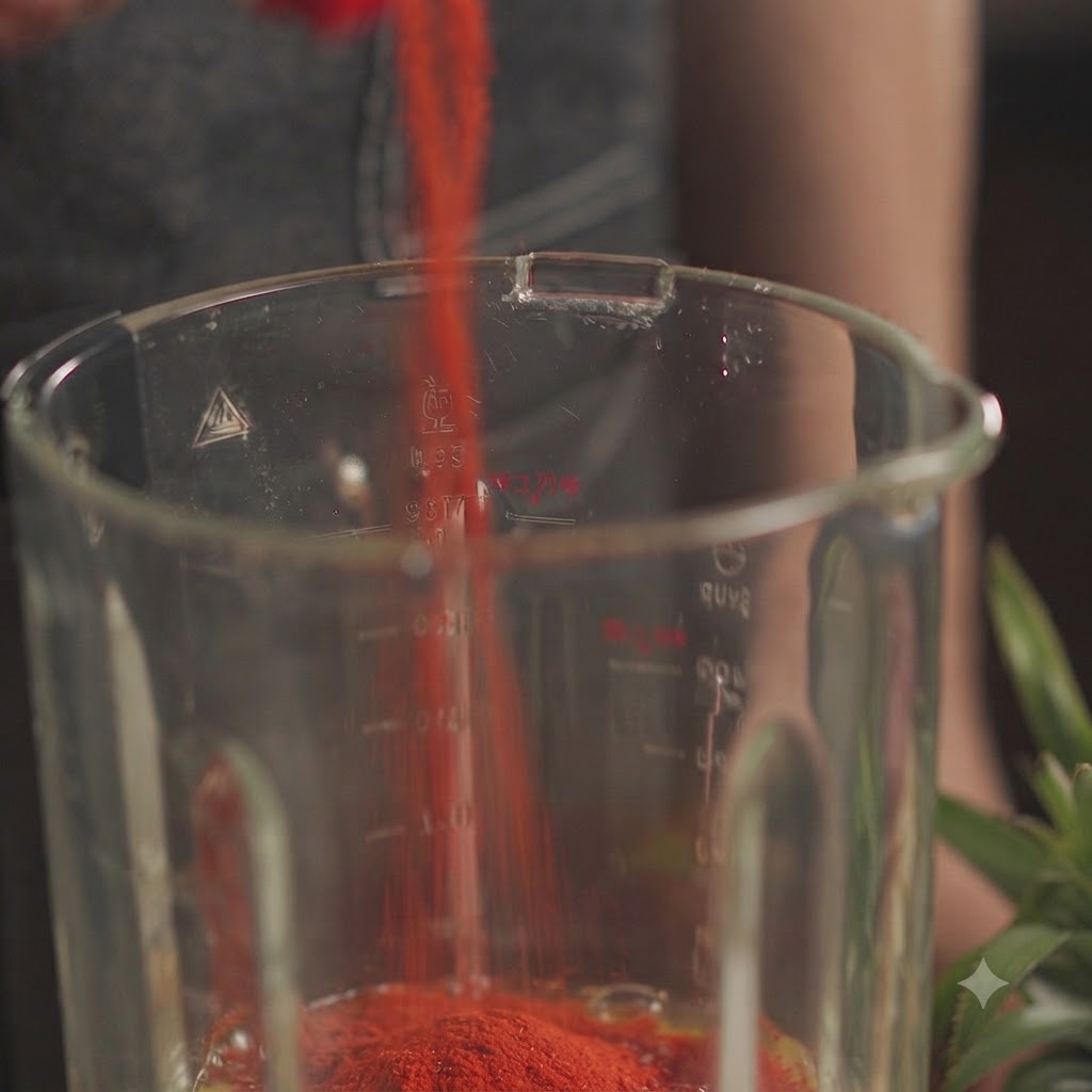 Piment en poudre et eau versés dans le récipient du blender.