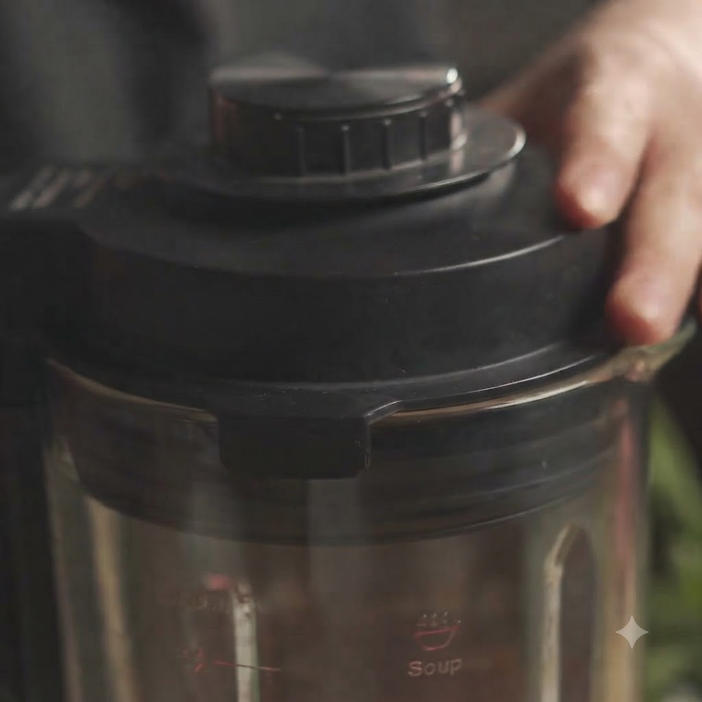 Le blender fonctionnant pour mélanger les ingrédients en une sauce rouge lisse.