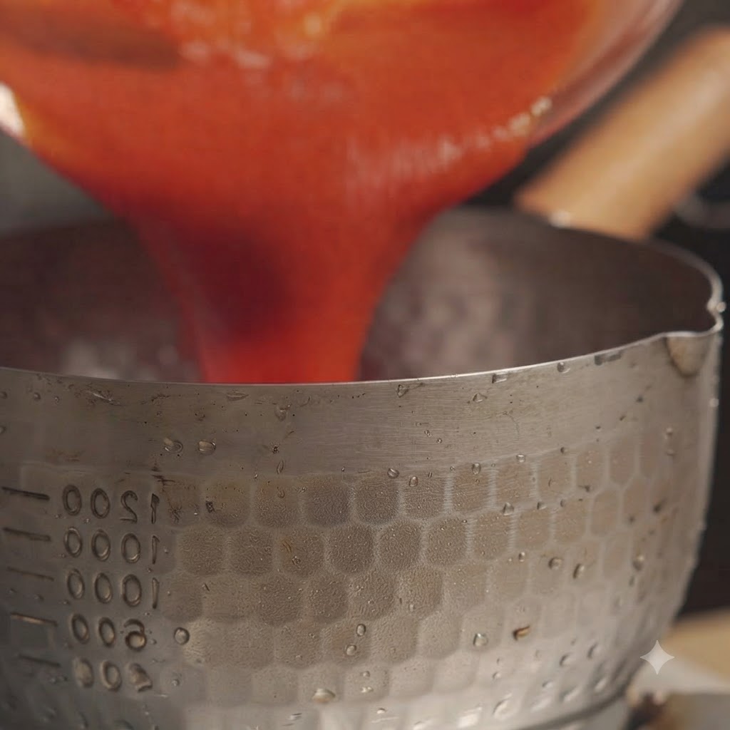 Sauce à lananas mixée versée dun récipient en verre dans une casserole en métal.