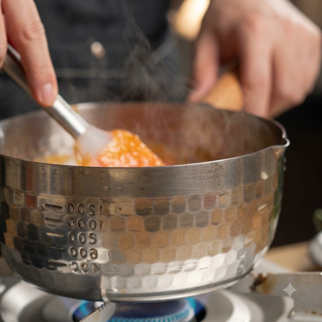 Sauce à lananas remuée dans une casserole sur la cuisinière pendant quelle réduit.