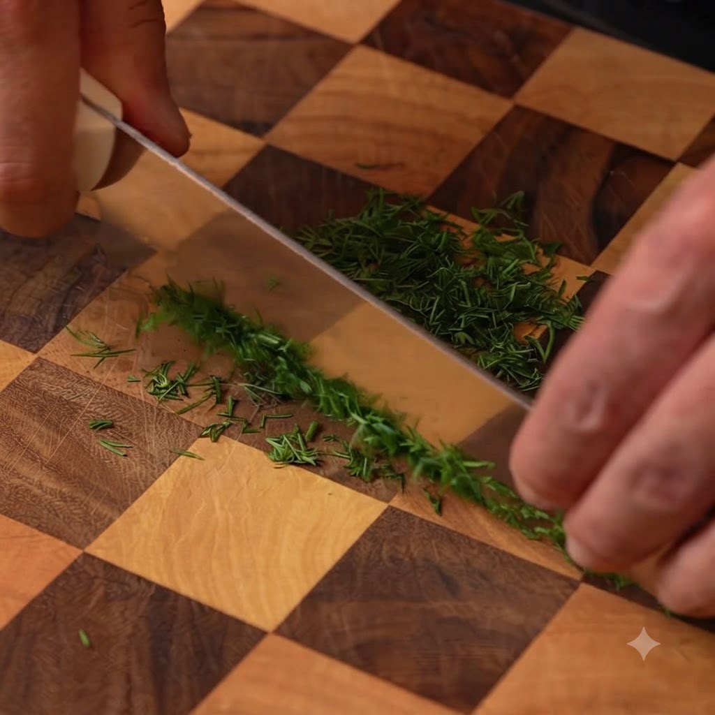Aneth frais en train dêtre finement haché avec un couteau sur une planche à découper en bois.