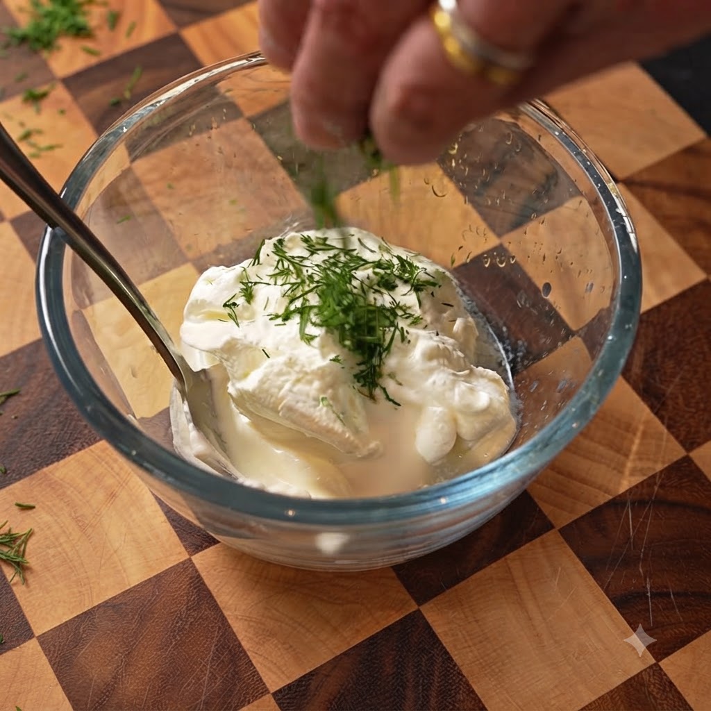 Aneth fraîchement haché ajouté à la crème sûre dans un bol mélangeur en verre.
