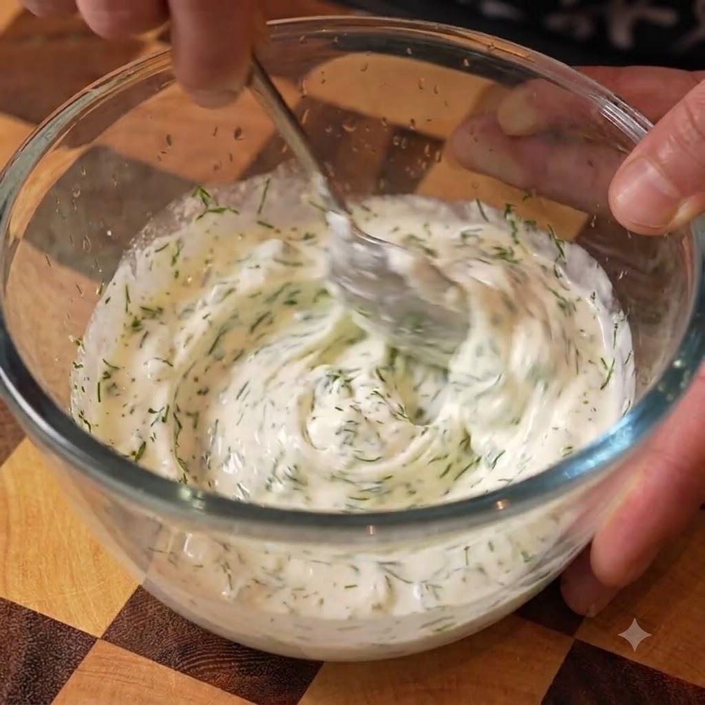Crème sûre, jus de citron, aneth et condiments mélangés ensemble dans un bol avec une cuillère.