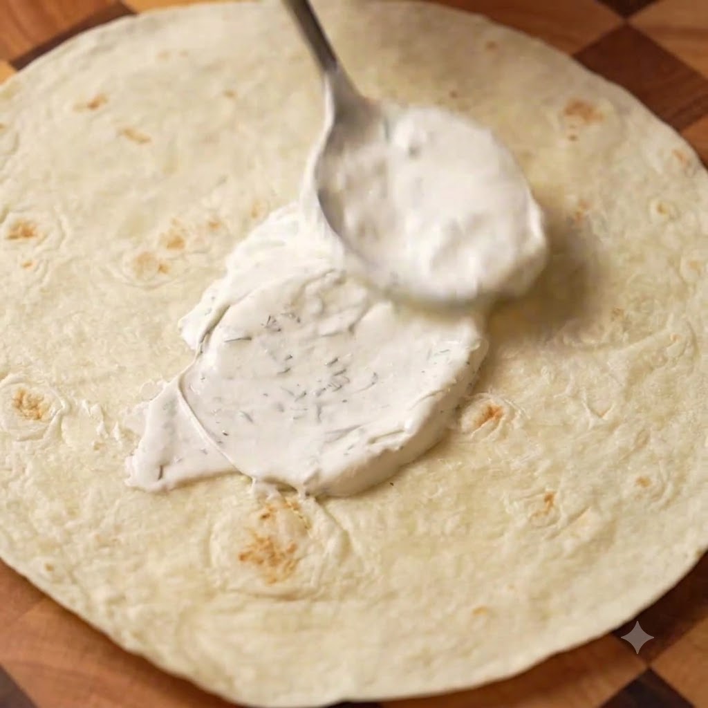 Une couche fine et uniforme de crème sûre à laneth étalée sur un wrap de blé plat.
