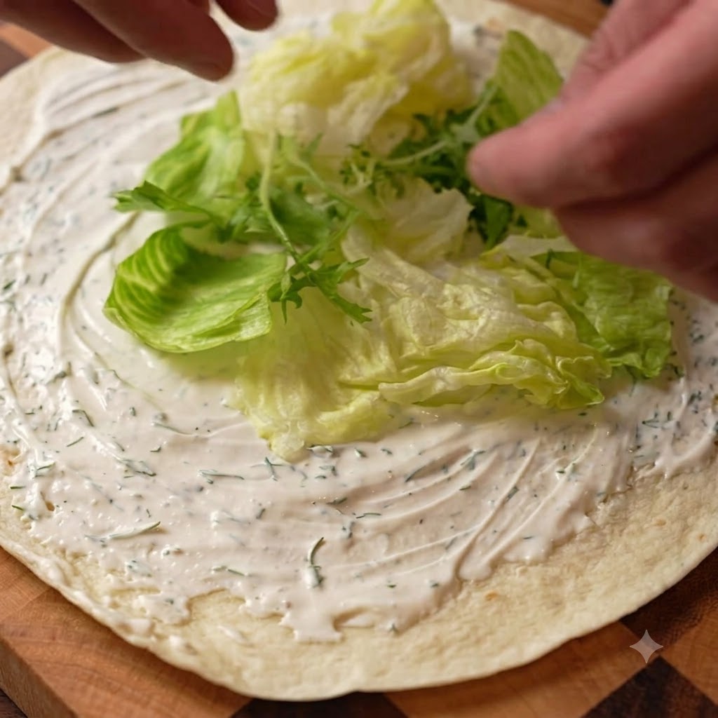 Jeunes pousses de salade fraîches placées sur la crème dun wrap de blé.