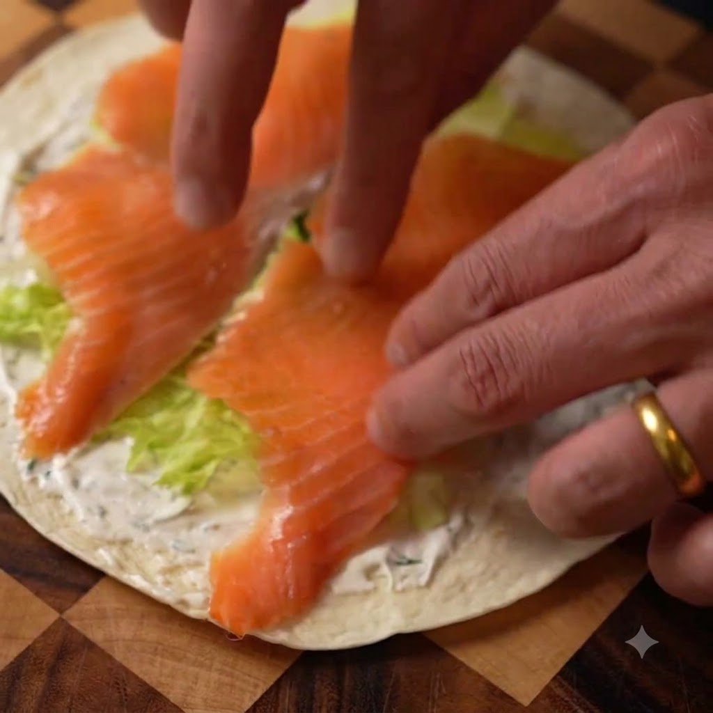 Tranches de saumon fumé disposées sur les pousses de salade.