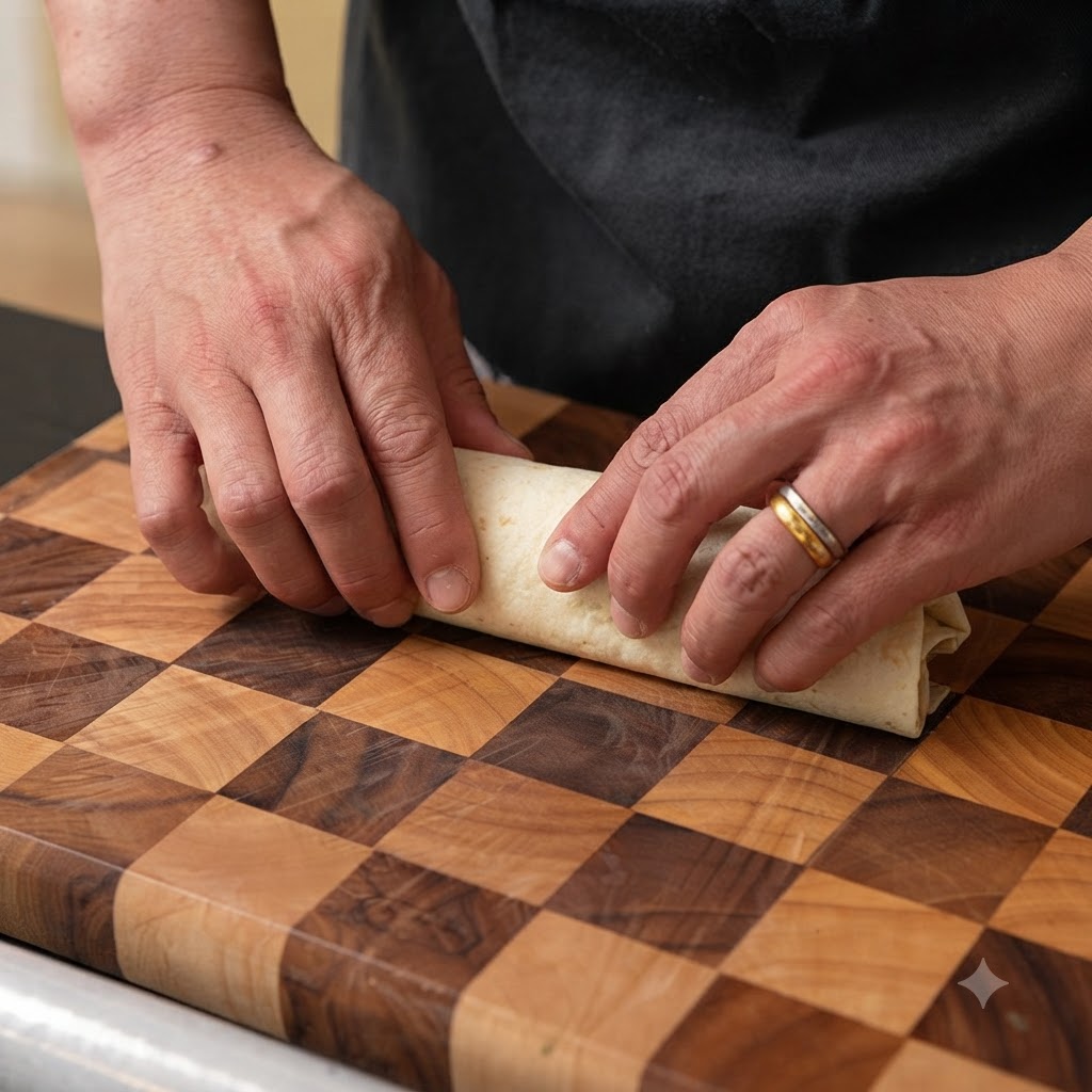 Un wrap de blé en train dêtre roulé fermement sur une planche à découper en bois pour enfermer la garniture.