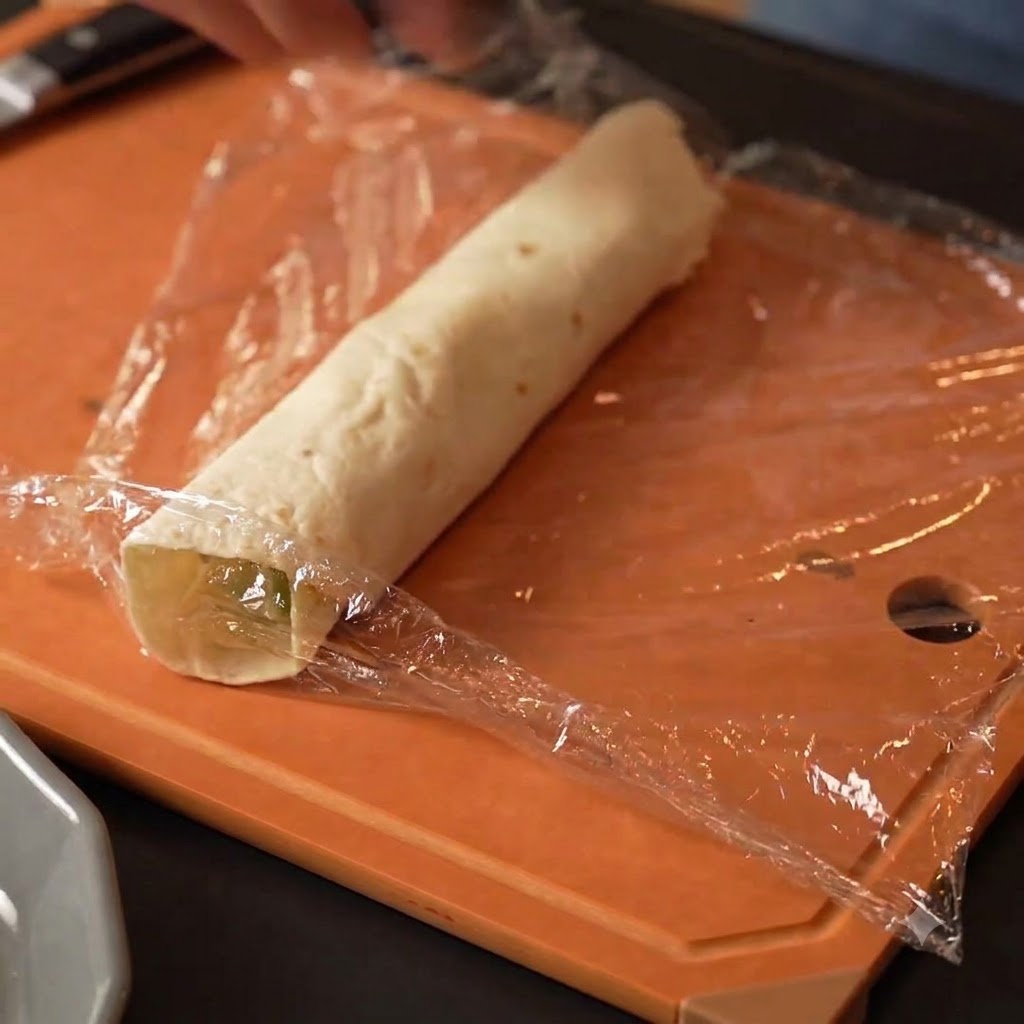 Un wrap de blé roulé et emballé solidement dans du film plastique sur une planche à découper orange.