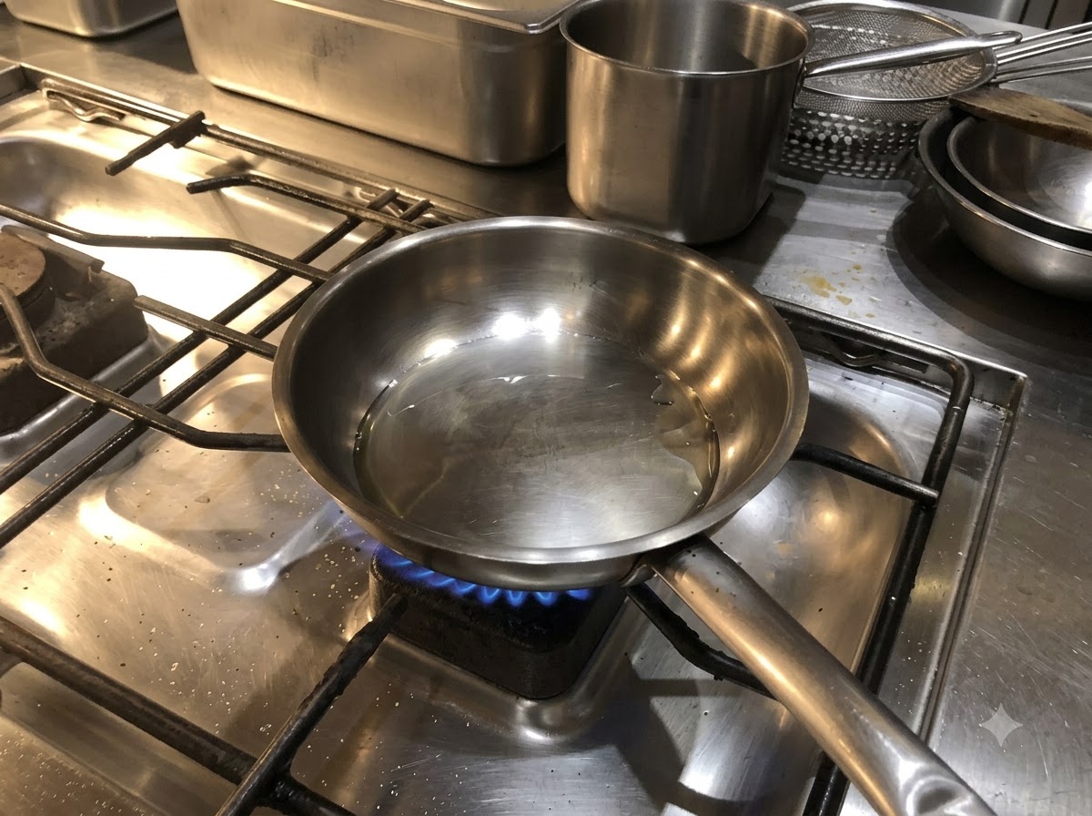 Des tranches doignon ajoutées dans une poêle en acier inoxydable en train de chauffer sur une cuisinière à gaz.