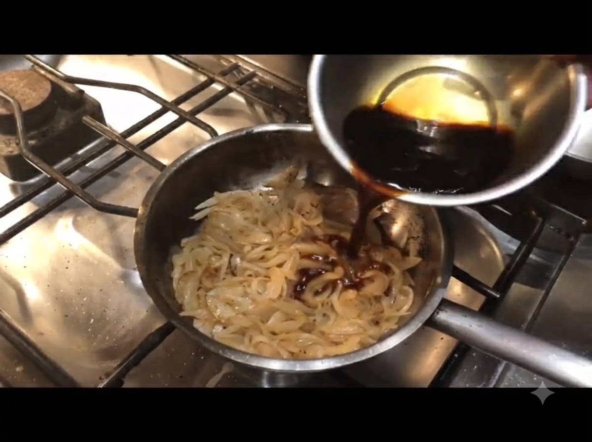 Une sauce foncée versée dun petit bol dans une poêle contenant des oignons cuits.