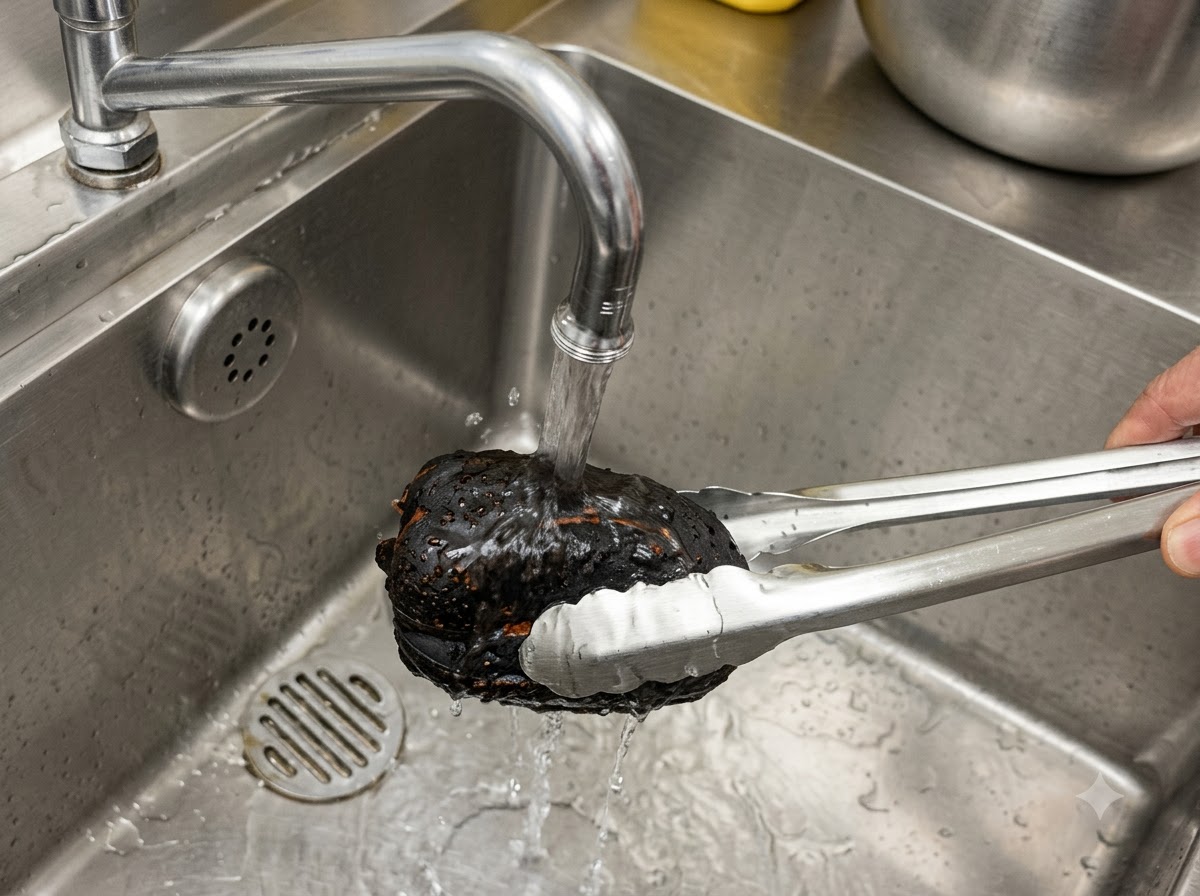 Un poivron noirci et grillé tenu avec des pinces sous le robinet dun évier de cuisine avec de leau courante.
