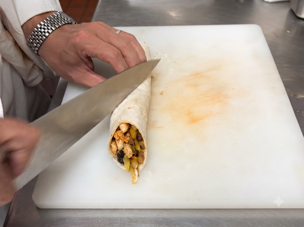 De la mayonnaise appliquée sur une tortilla plate étalée sur une planche à découper blanche.