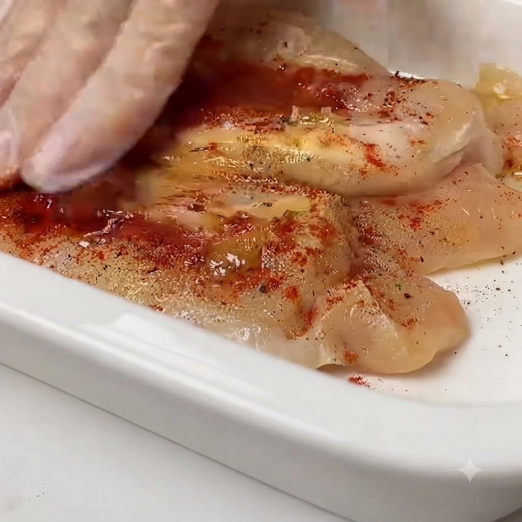 Huile dolive versée sur des blancs de poulet assaisonnés dans un plat blanc.