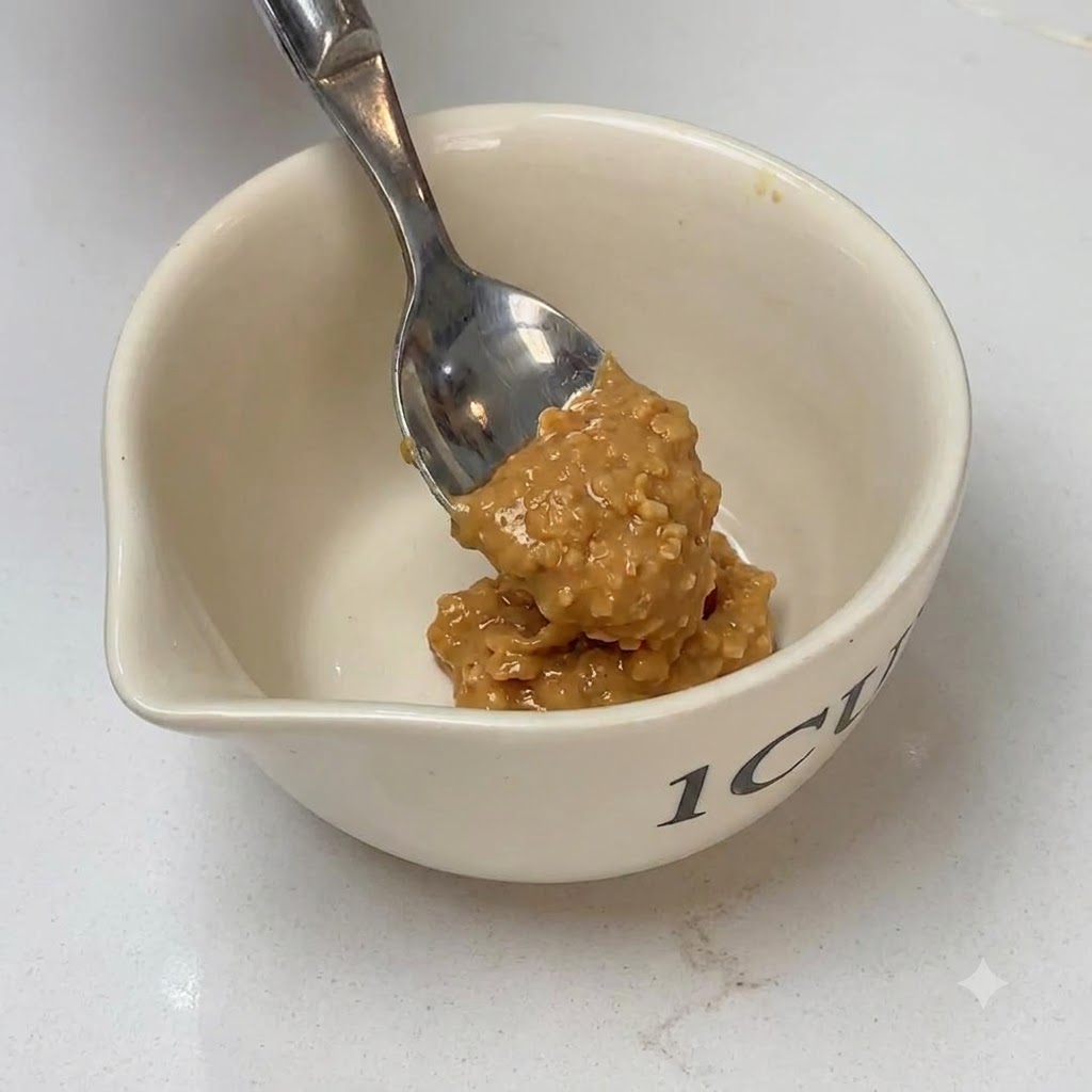 Beurre de cacahuète croquant mélangé avec du miel, de lhuile pimentée et de leau dans un petit bol.