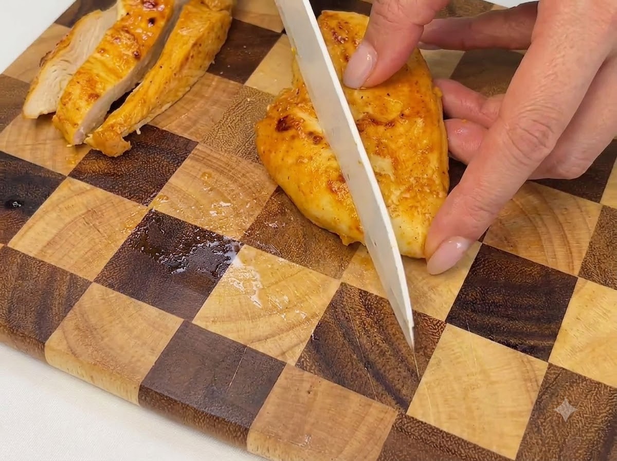 Un blanc de poulet cuit coupé en morceaux sur une planche à découper en bois à motifs quadrillés.