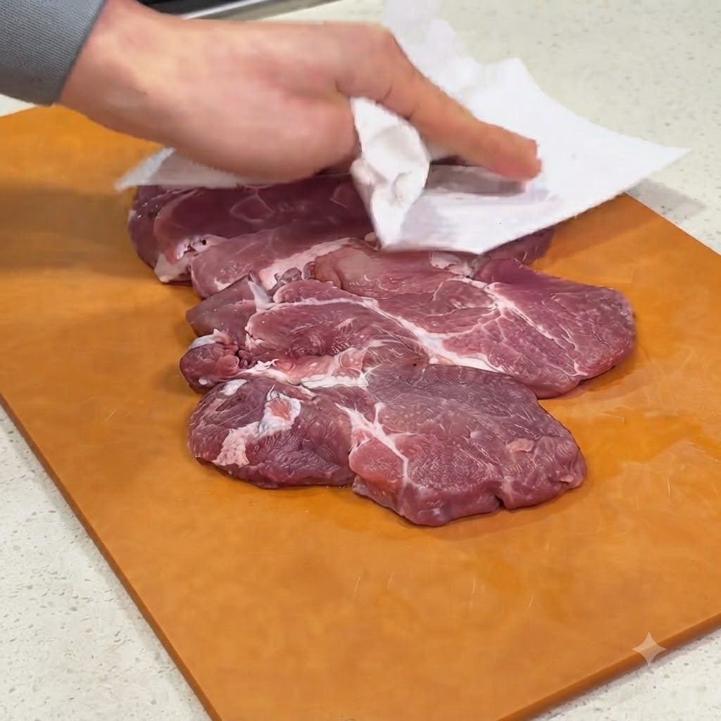 Morceau dépaule de porc épongé avec du papier absorbant sur une planche à découper en bois.