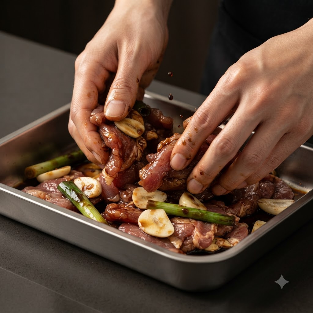 Mains massant vigoureusement et enrobant les côtes de porc de marinade dans un plat en métal.