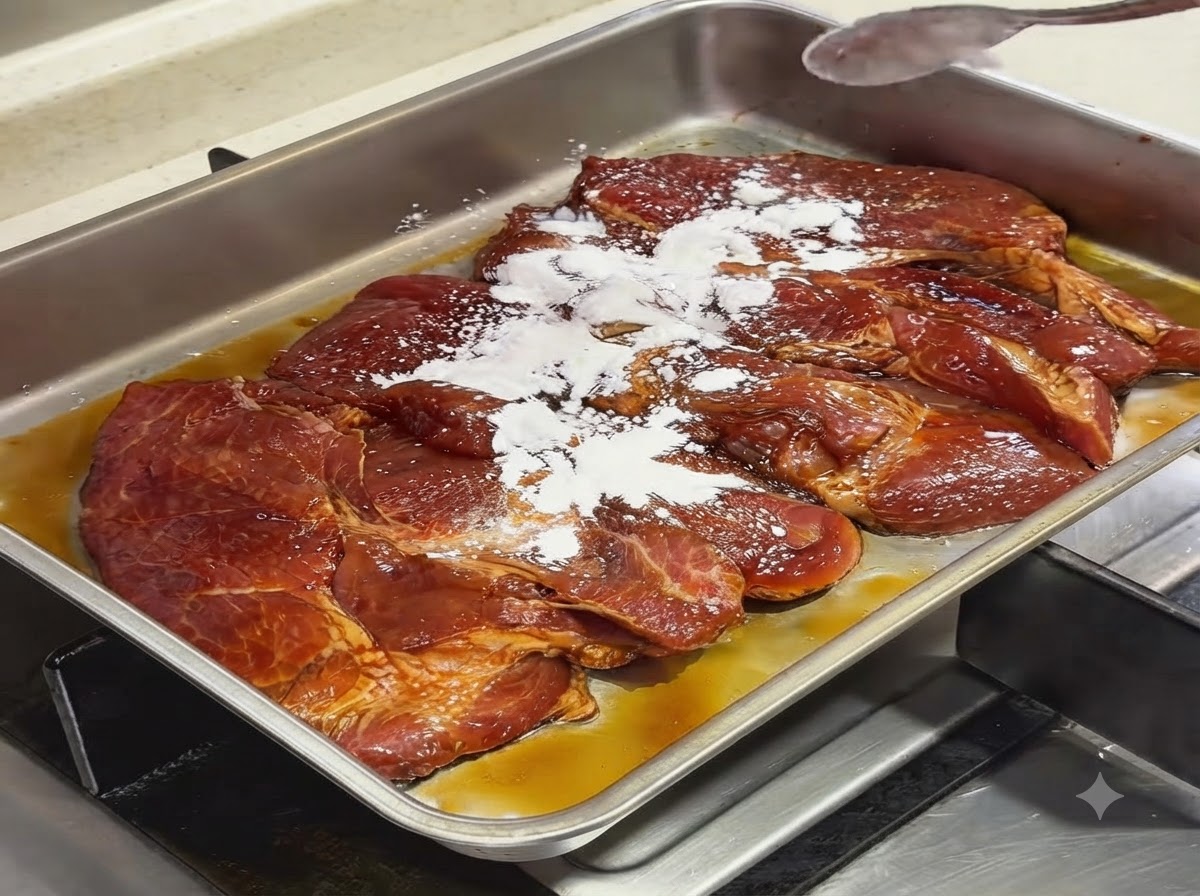 Fécule blanche saupoudrée sur les côtes de porc marinées disposées dans un plat en métal.