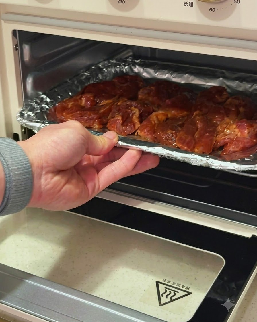 Main glissant une plaque de cuisson garnie de côtes de porc dans un four à air fryer.