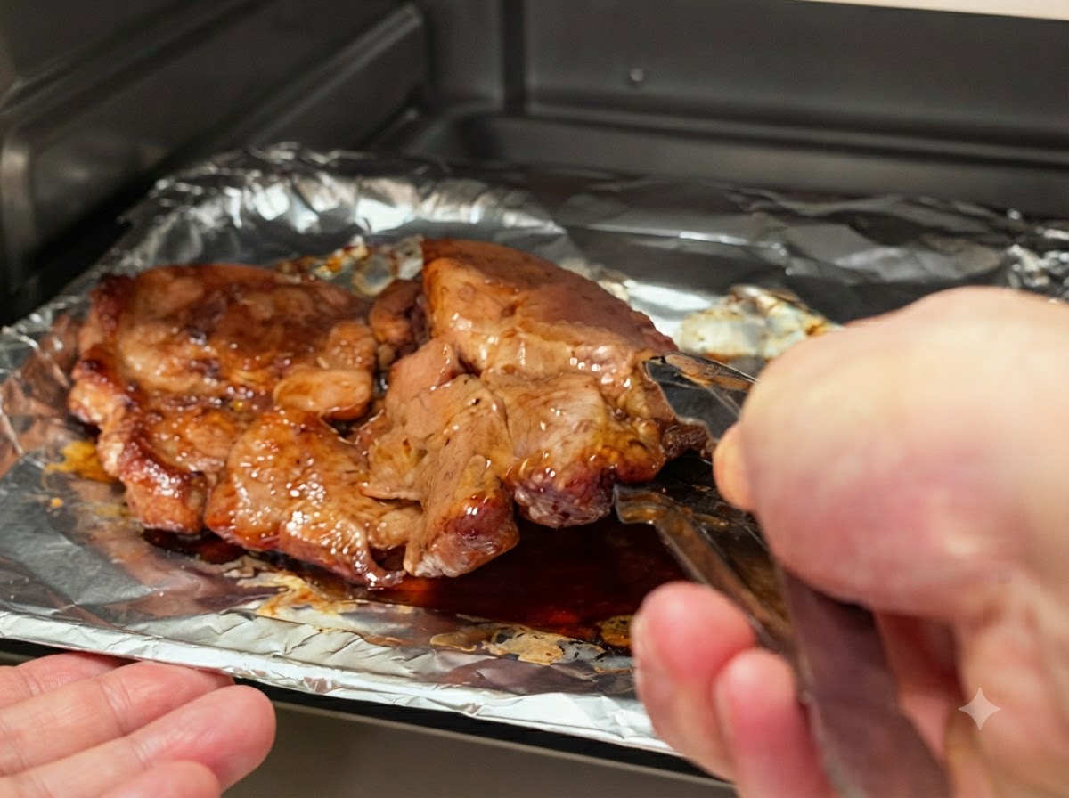 Côtes de porc retournées sur la plaque de cuisson à laide de pinces de cuisine en métal.