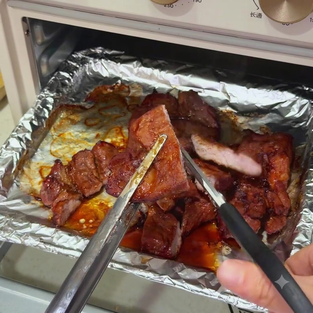 Côtes de porc cuites découpées en morceaux de taille bouchée à laide de ciseaux de cuisine, révélant un centre rosé et juteux.