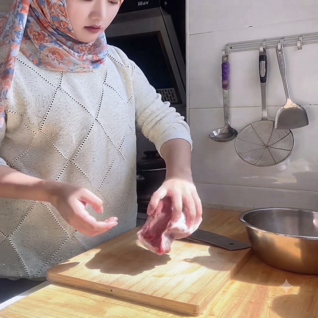 Les mains dune personne utilisant un couteau de boucher pour trancher du filet de bœuf cru sur une planche à découper en bois.