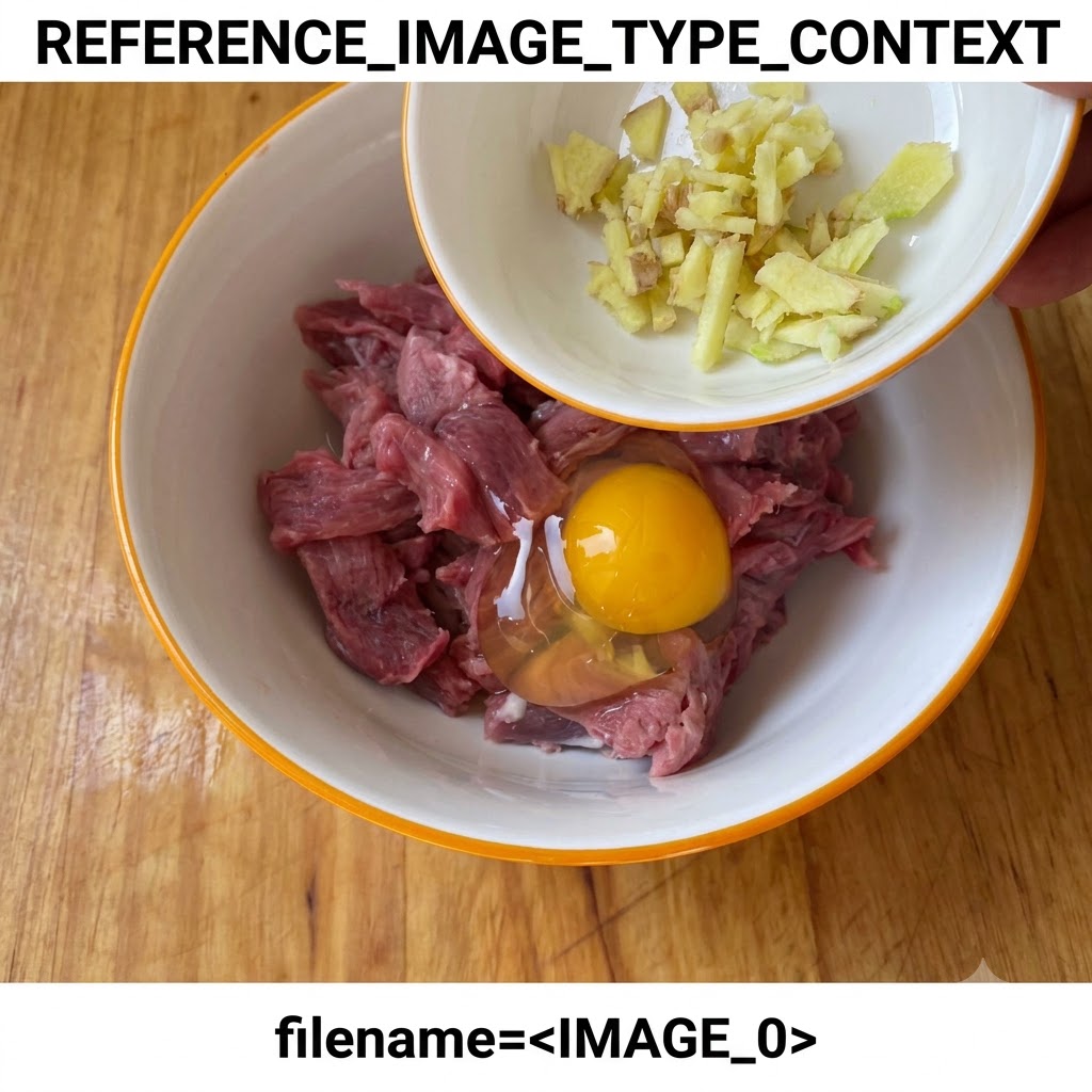 Un œuf et du gingembre haché versés dun petit bol dans un bol plus grand contenant des morceaux de bœuf cru.