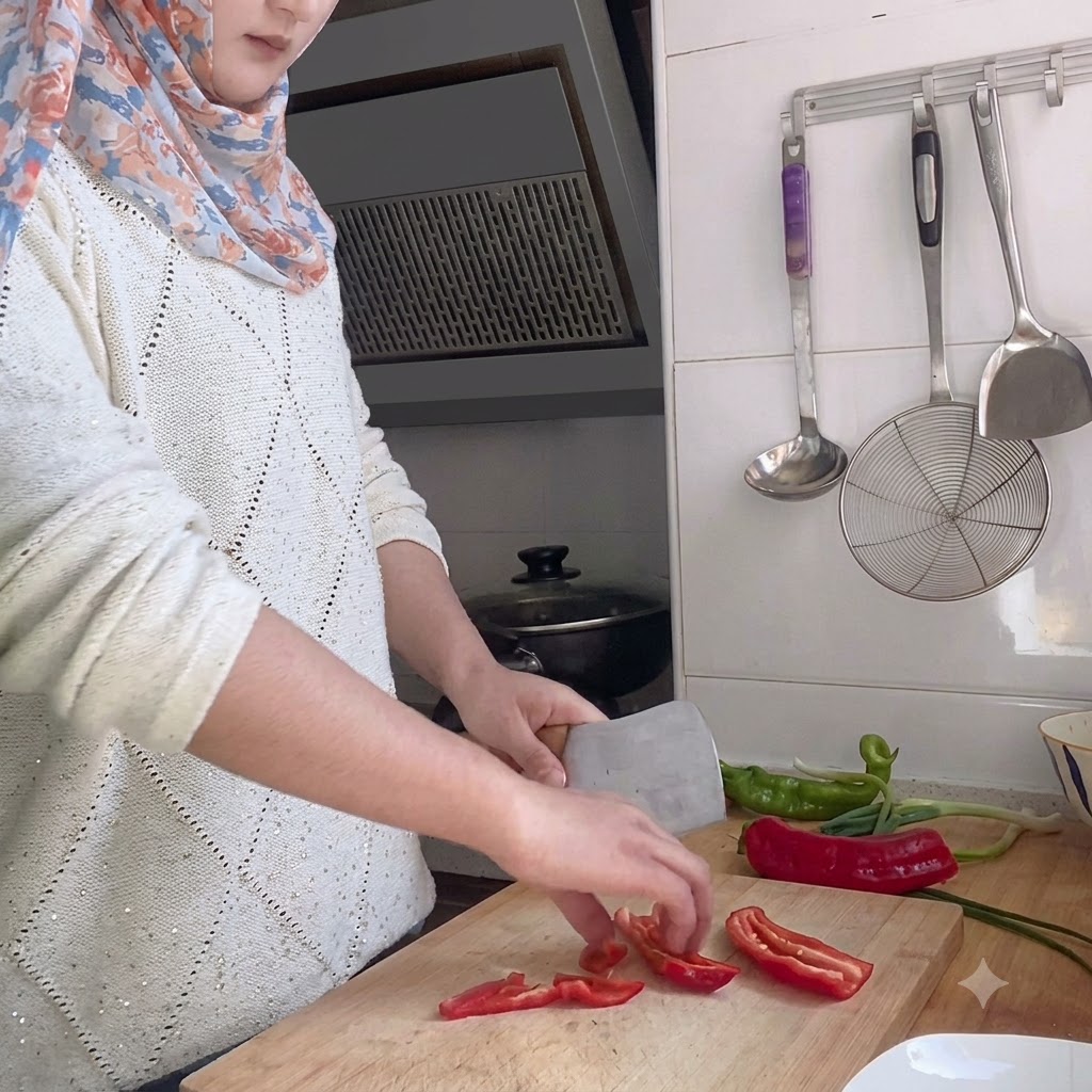 Des piments rouges et verts coupés en petits segments sur une planche à découper en bois.