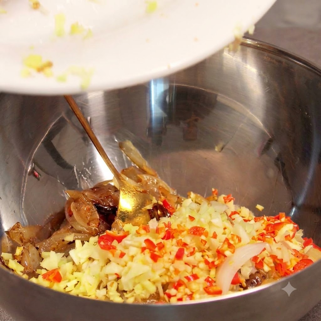 Ail émincé et piments raclés dune assiette blanche dans un bol mélangeur en métal avec des oignons cuits.