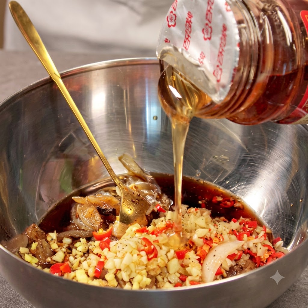 Miel versé dune bouteille directement dans un bol en acier inoxydable avec du café et des aromates.