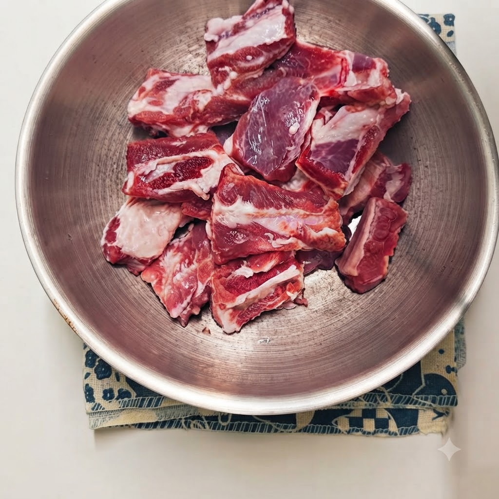 Morceaux de côtes de porc crues dans un bol avec divers assaisonnements liquides et en poudre ainsi que des aromates ajoutés sur le dessus.