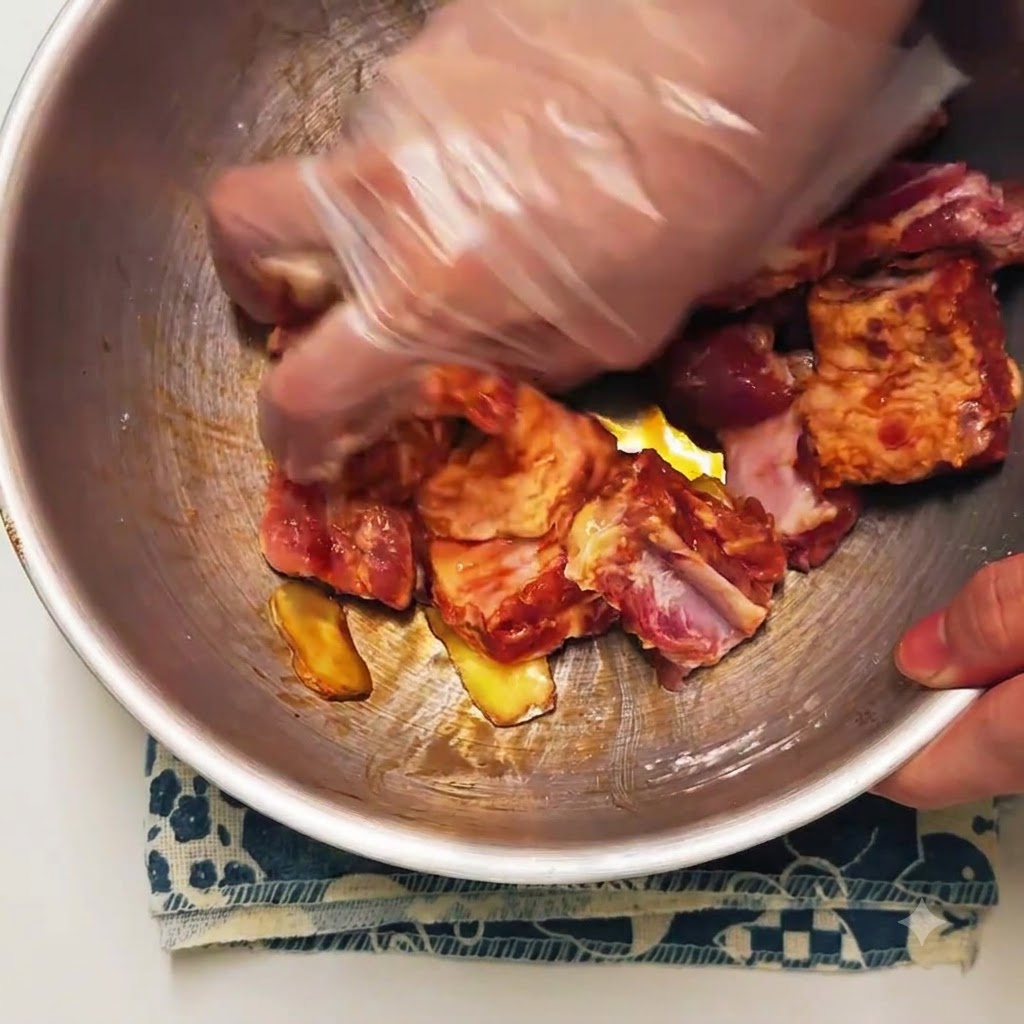 Une main gantée massant et mélangeant des côtes de porc crues avec de la marinade et des tranches de gingembre à lintérieur dun bol en acier inoxydable.