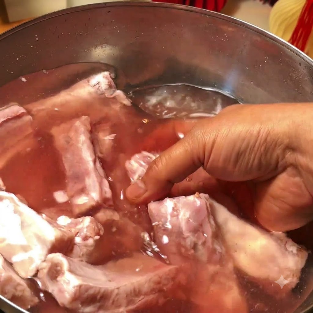 Travers de porc trempant dans un plateau en métal avec de leau propre.